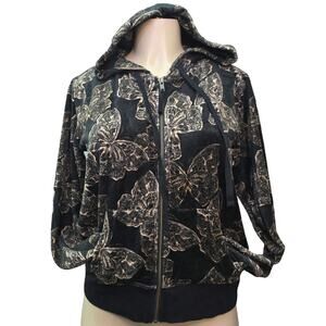 Johnny Was Hoodie Sweater Women XS Black Velour Butterfly Full Zip Bohemian Boho